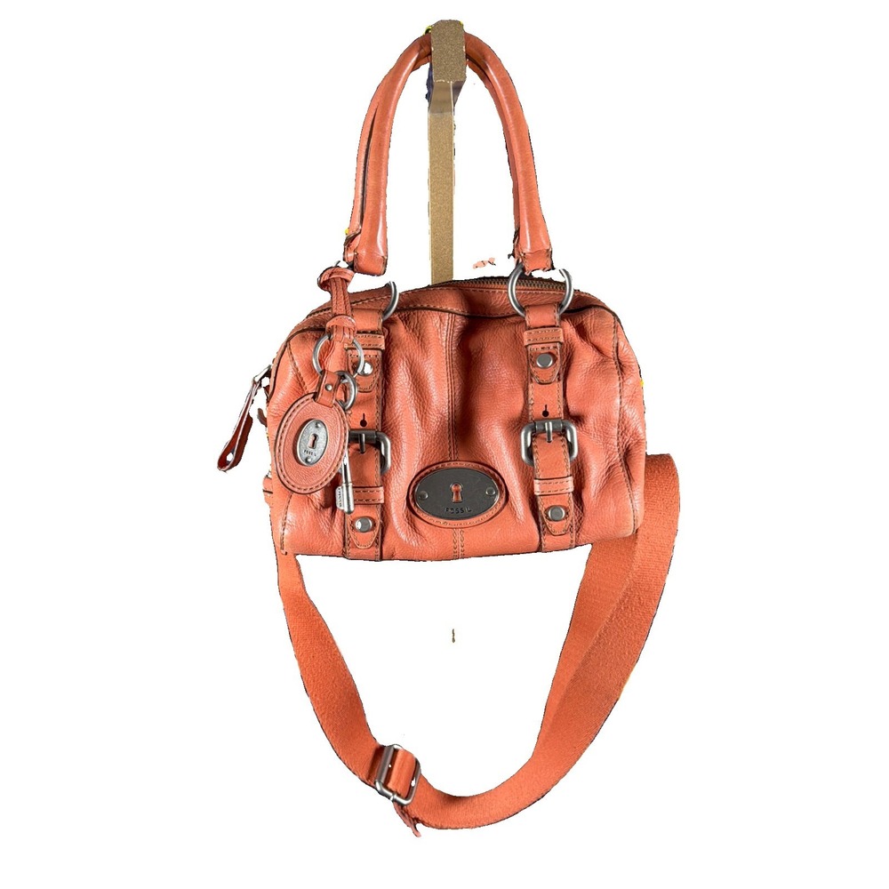 VTG Fossil Maddox Satchel Crossbody Strap Coral Pebbled Leather Purse Autumn